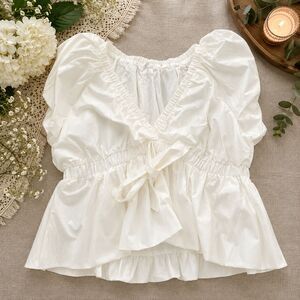 Women's Cream Off-White Peplum Blouse Top Puff Sleeve  Elastic Waist 2XL